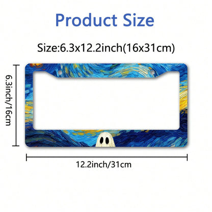A Metal Frame License Plate, Inspired By Van Gogh's "The Starry Night," With A Ghost Design, Perfect For Halloween Car Decoration