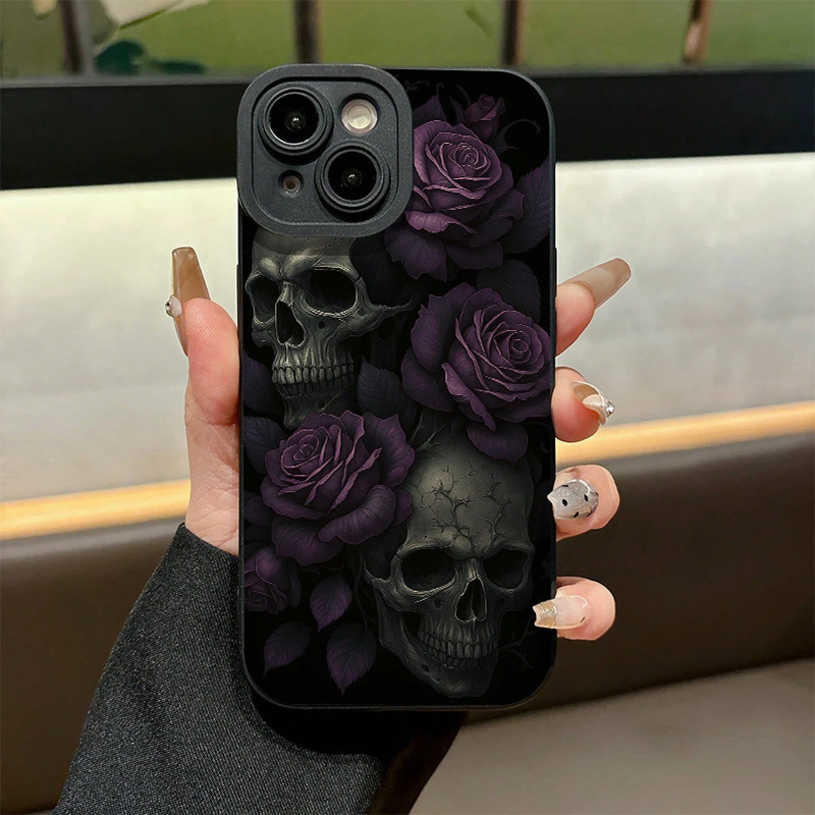 A Phone Case Featuring Gothic Purple Roses And Skulls, Made Of Frosted Silicone For A Skin-Friendly Touch, Offering Full Coverage And Drop Protection For Various For Iphone Models Including 17, 16, 15