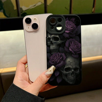 A Phone Case Featuring Gothic Purple Roses And Skulls, Made Of Frosted Silicone For A Skin-Friendly Touch, Offering Full Coverage And Drop Protection For Various For Iphone Models Including 17, 16, 15