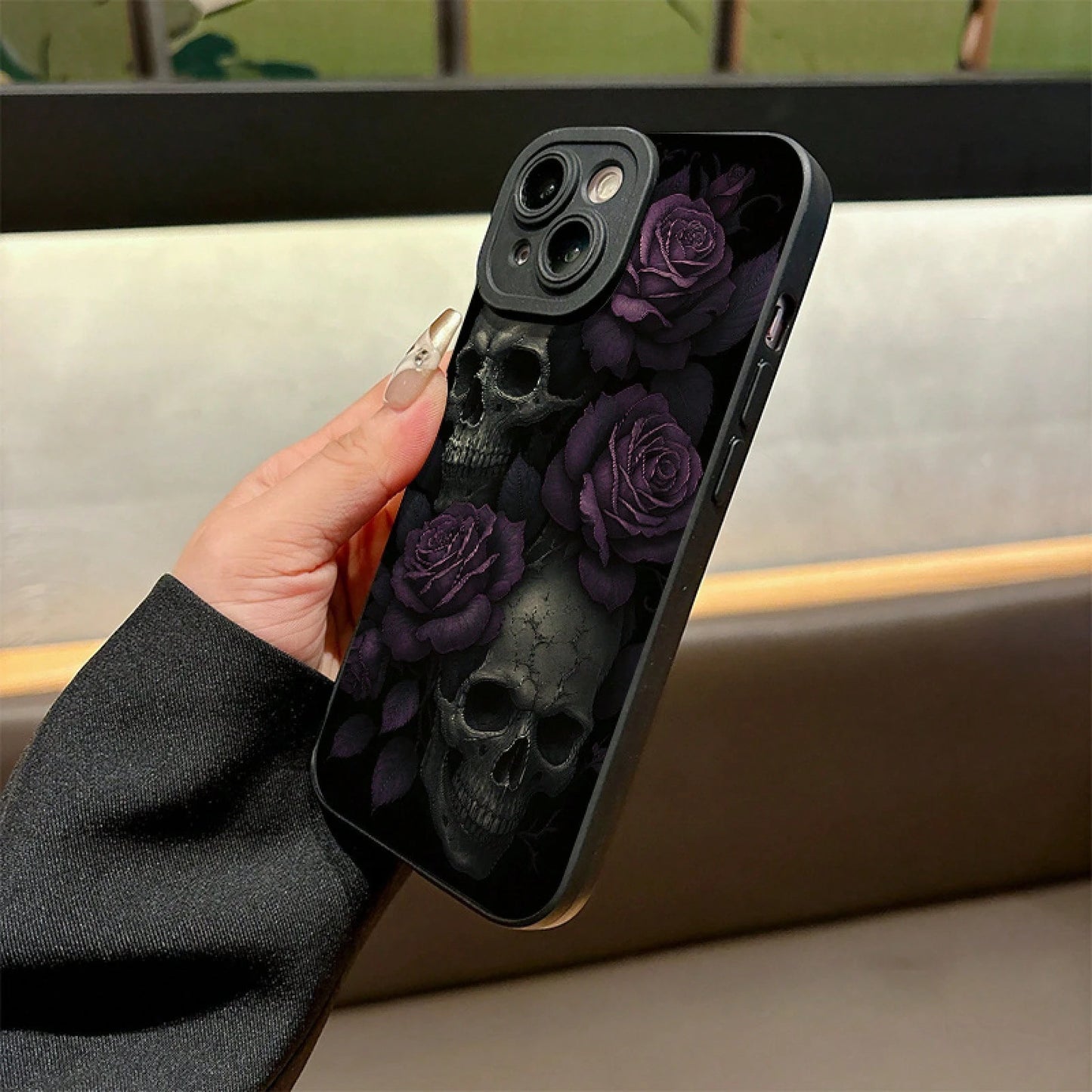 A Phone Case Featuring Gothic Purple Roses And Skulls, Made Of Frosted Silicone For A Skin-Friendly Touch, Offering Full Coverage And Drop Protection For Various For Iphone Models Including 17, 16, 15