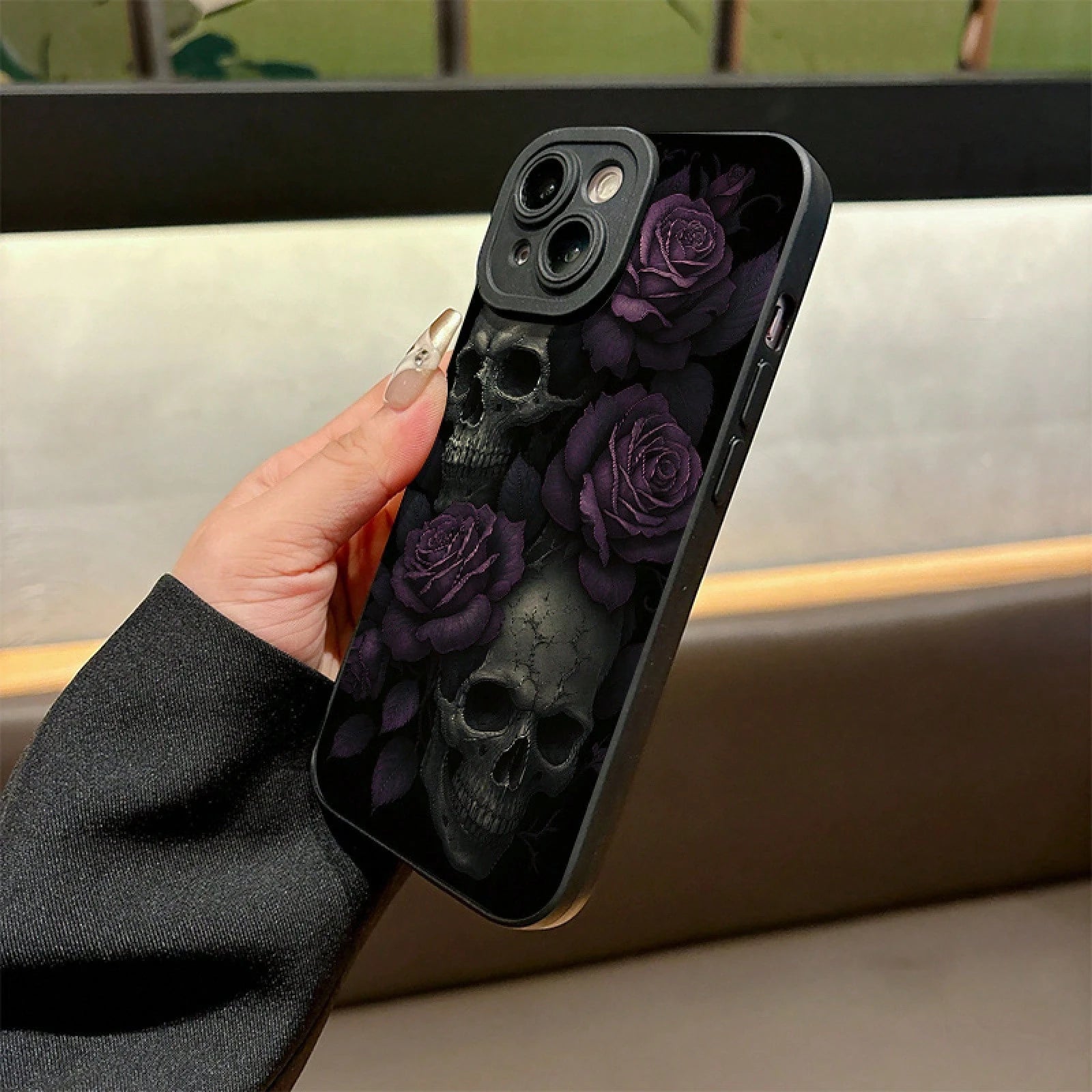 A Phone Case Featuring Gothic Purple Roses And Skulls, Made Of Frosted Silicone For A Skin-Friendly Touch, Offering Full Coverage And Drop Protection For Various For Iphone Models Including 17, 16, 15