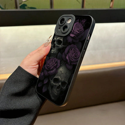 A Phone Case Featuring Gothic Purple Roses And Skulls, Made Of Frosted Silicone For A Skin-Friendly Touch, Offering Full Coverage And Drop Protection For Various For Iphone Models Including 17, 16, 15