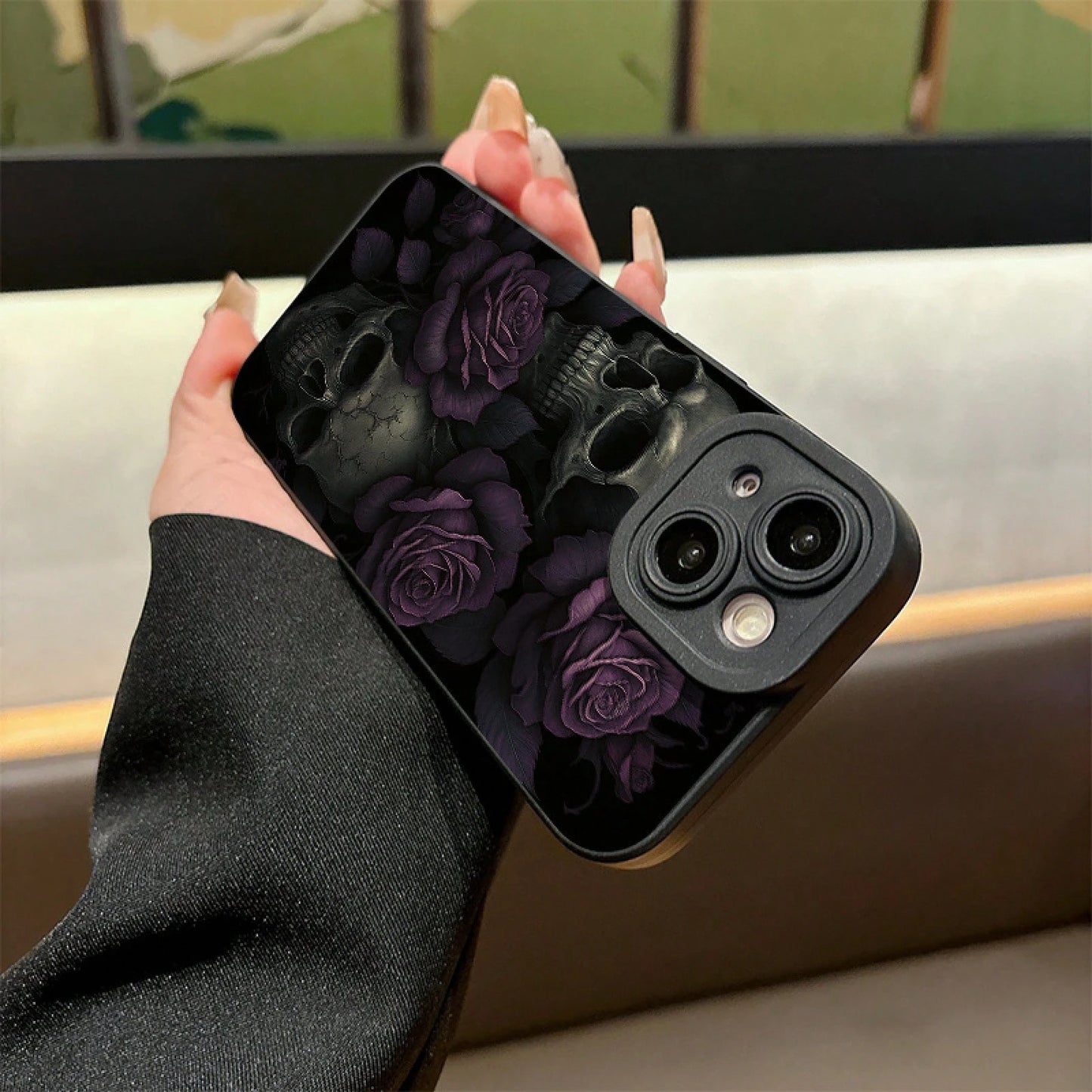 A Phone Case Featuring Gothic Purple Roses And Skulls, Made Of Frosted Silicone For A Skin-Friendly Touch, Offering Full Coverage And Drop Protection For Various For Iphone Models Including 17, 16, 15