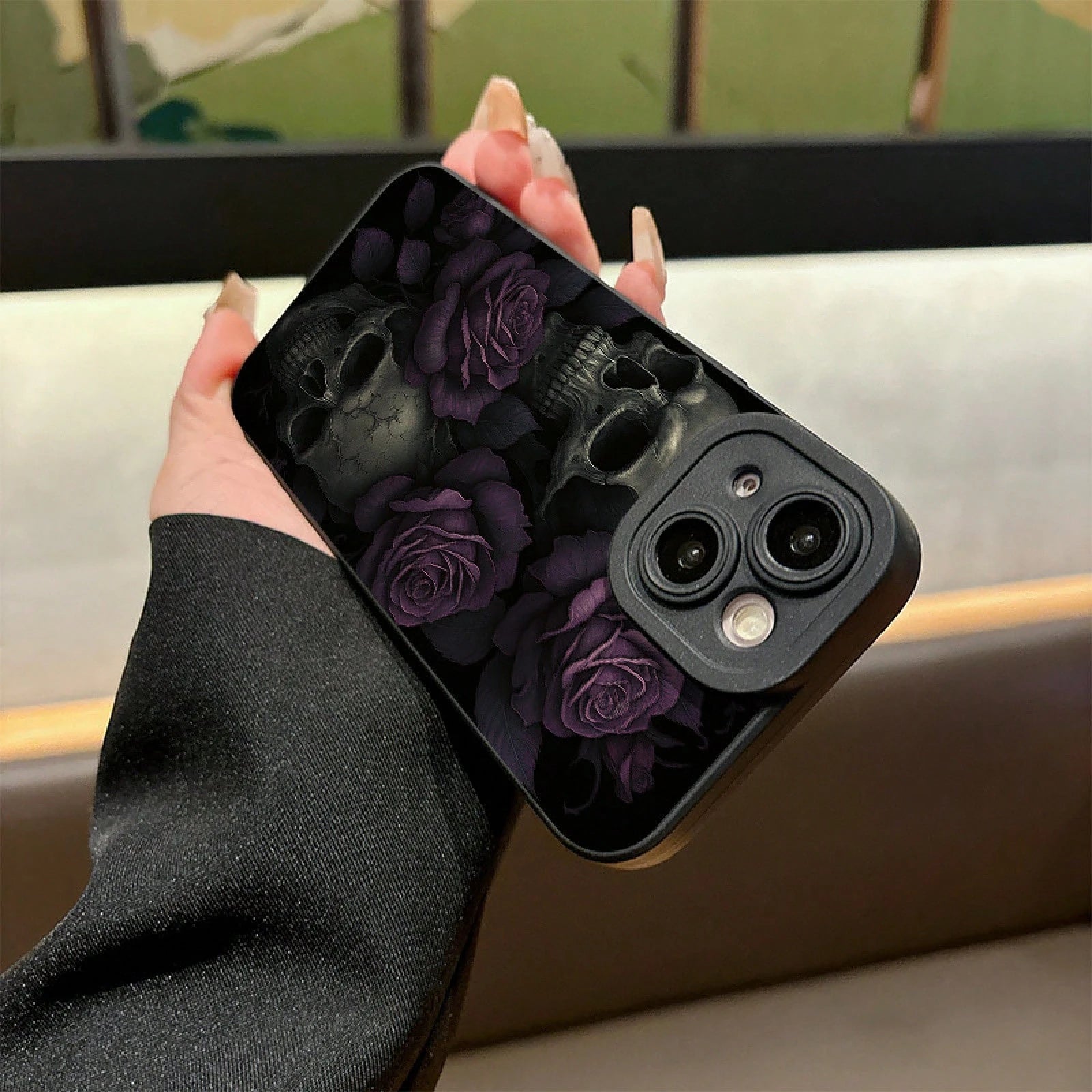 A Phone Case Featuring Gothic Purple Roses And Skulls, Made Of Frosted Silicone For A Skin-Friendly Touch, Offering Full Coverage And Drop Protection For Various For Iphone Models Including 17, 16, 15
