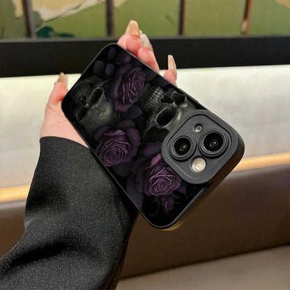 A Phone Case Featuring Gothic Purple Roses And Skulls, Made Of Frosted Silicone For A Skin-Friendly Touch, Offering Full Coverage And Drop Protection For Various For Iphone Models Including 17, 16, 15
