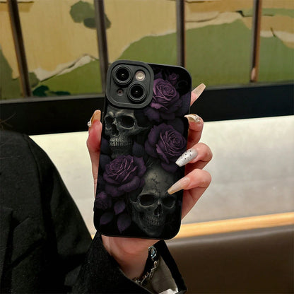 A Phone Case Featuring Gothic Purple Roses And Skulls, Made Of Frosted Silicone For A Skin-Friendly Touch, Offering Full Coverage And Drop Protection For Various For Iphone Models Including 17, 16, 15