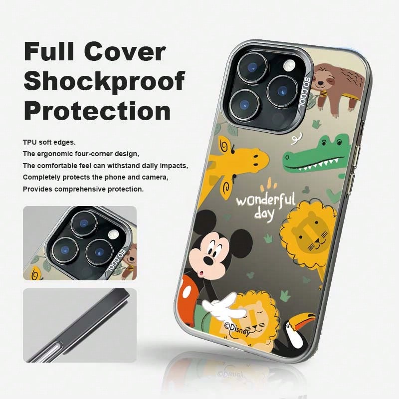 A Premium And Unique TPU Phone Case In A Silver Finish With Disney Designs, Suitable For Both Men And Women. Features Include Mickey Mouse, Giraffe, And Other Playful And Cartoonish Themes. The Design