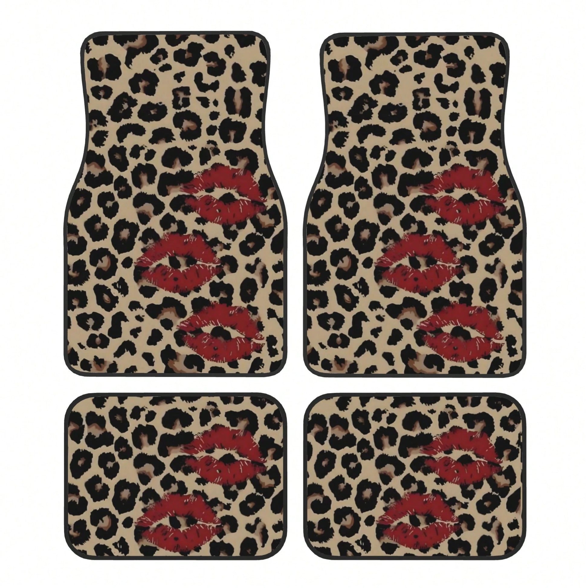 A Set Of 4 Car Floor Mats, Featuring A Leopard Print Design With A Red Lip Pattern, Easy To Clean, Compatible With Most Vehicles