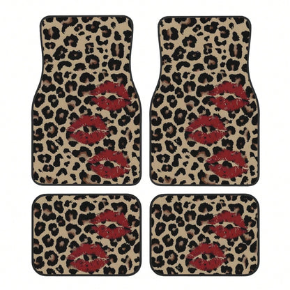 A Set Of 4 Car Floor Mats, Featuring A Leopard Print Design With A Red Lip Pattern, Easy To Clean, Compatible With Most Vehicles