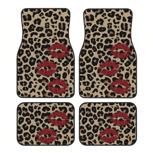 A Set Of 4 Car Floor Mats, Featuring A Leopard Print Design With A Red Lip Pattern, Easy To Clean, Compatible With Most Vehicles