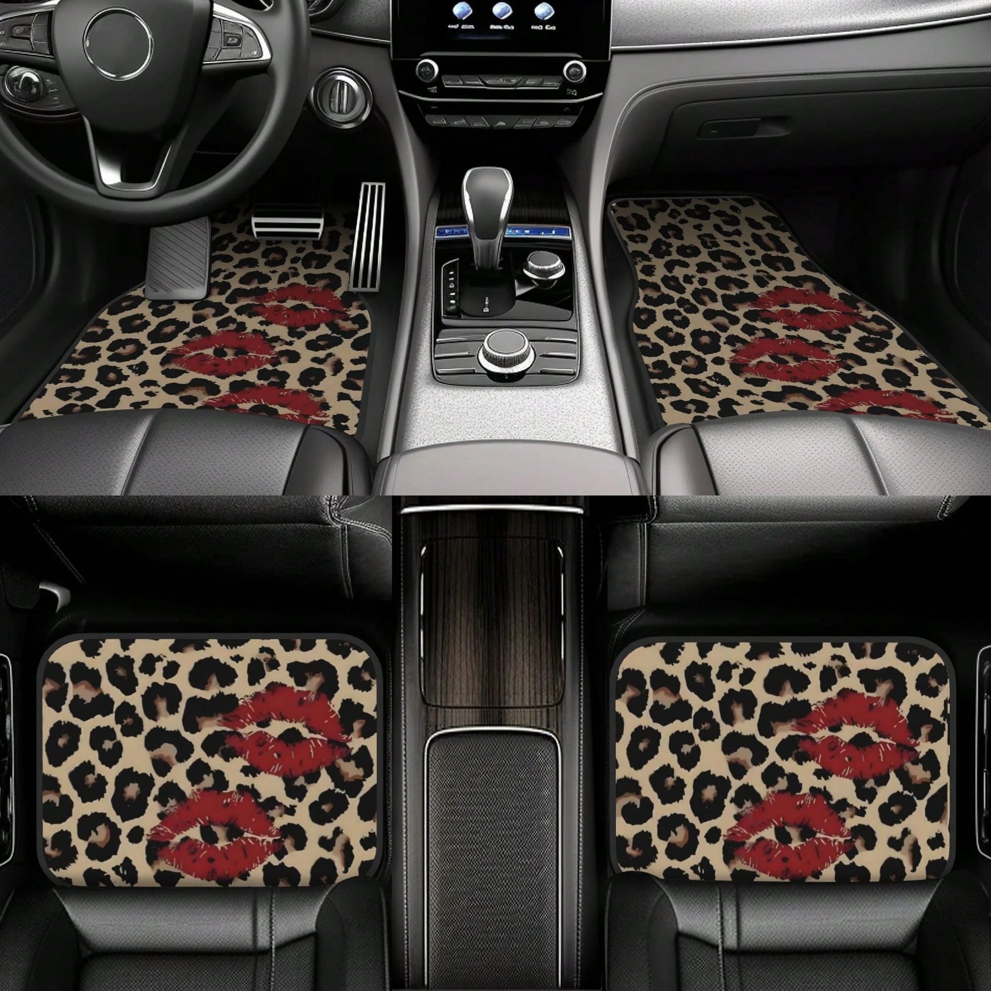 A Set Of 4 Car Floor Mats, Featuring A Leopard Print Design With A Red Lip Pattern, Easy To Clean, Compatible With Most Vehicles