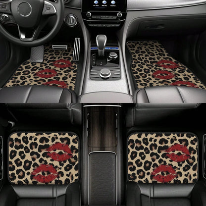 A Set Of 4 Car Floor Mats, Featuring A Leopard Print Design With A Red Lip Pattern, Easy To Clean, Compatible With Most Vehicles