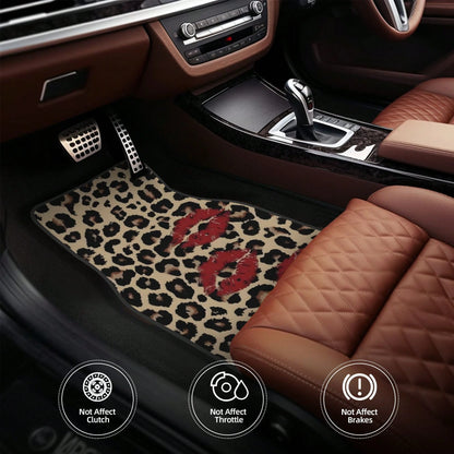 A Set Of 4 Car Floor Mats, Featuring A Leopard Print Design With A Red Lip Pattern, Easy To Clean, Compatible With Most Vehicles