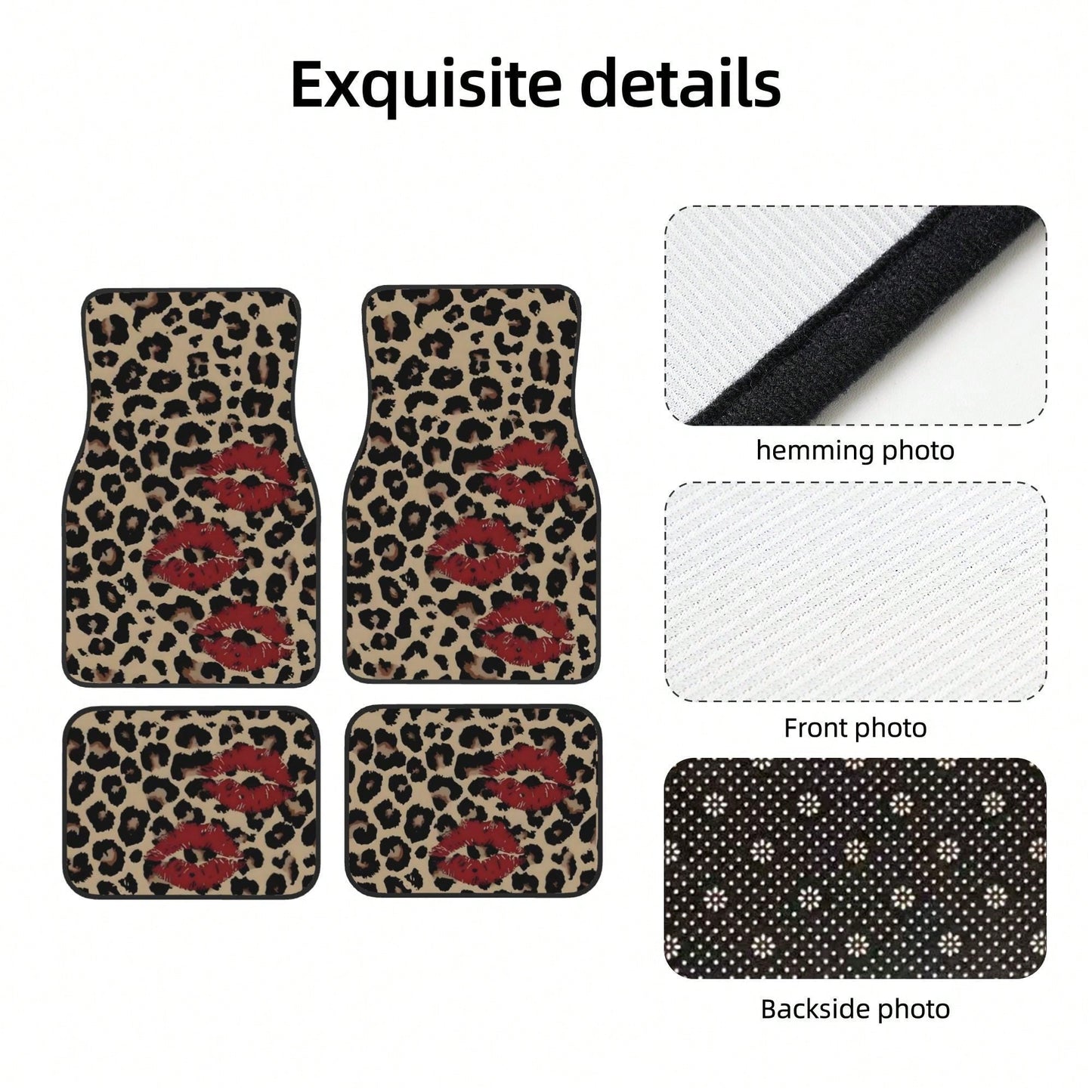 A Set Of 4 Car Floor Mats, Featuring A Leopard Print Design With A Red Lip Pattern, Easy To Clean, Compatible With Most Vehicles