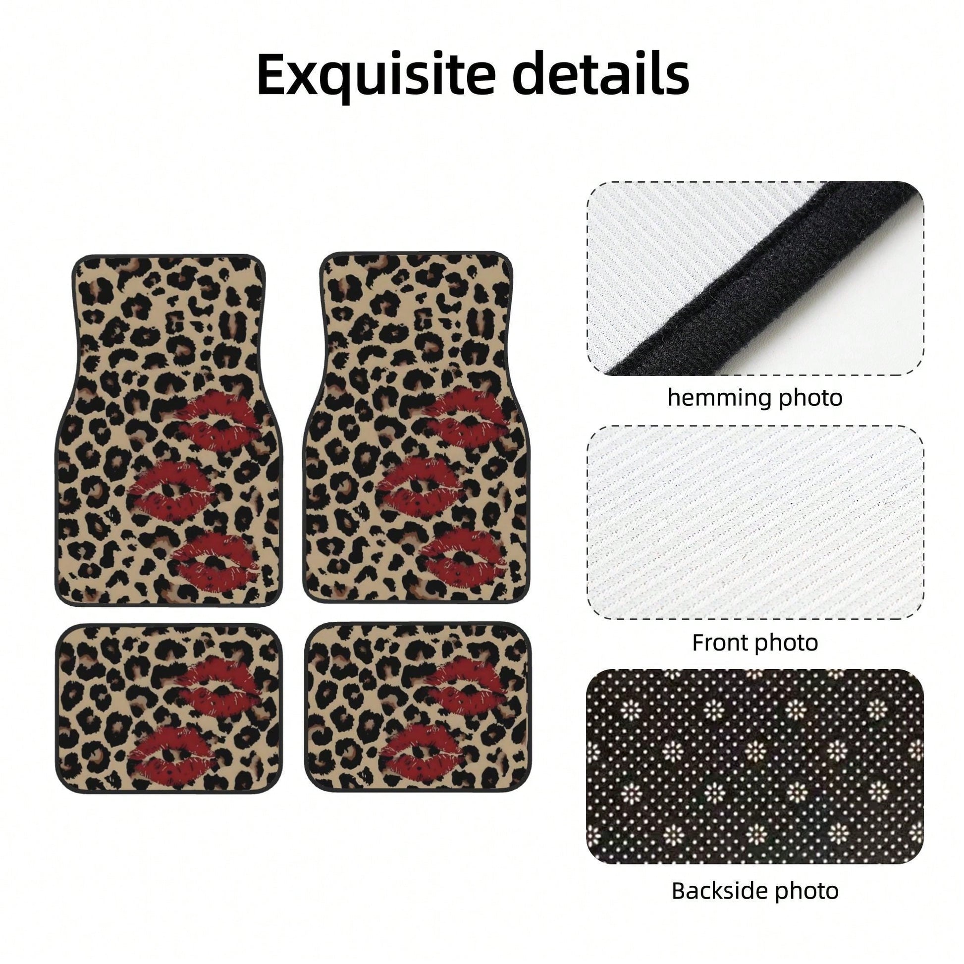 A Set Of 4 Car Floor Mats, Featuring A Leopard Print Design With A Red Lip Pattern, Easy To Clean, Compatible With Most Vehicles