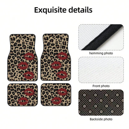 A Set Of 4 Car Floor Mats, Featuring A Leopard Print Design With A Red Lip Pattern, Easy To Clean, Compatible With Most Vehicles