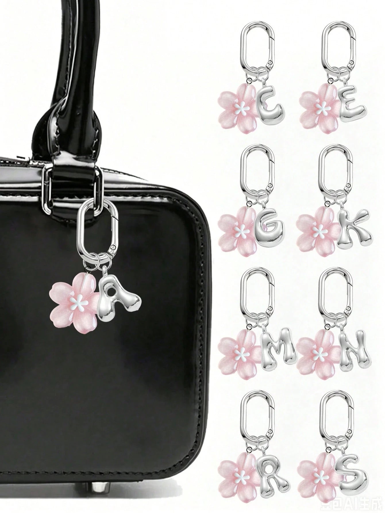 A-Z Silver Letter With Delicate Pink Cherry Blossom Decor Pendant, Fashionable Women's Keychain, Car Key Decoration, Can Be Hung On Keys, Shoulder Bags, Handbags, Wallets, Suitable For School, Office