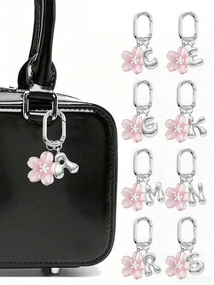 A-Z Silver Letter With Delicate Pink Cherry Blossom Decor Pendant, Fashionable Women's Keychain, Car Key Decoration, Can Be Hung On Keys, Shoulder Bags, Handbags, Wallets, Suitable For School, Office