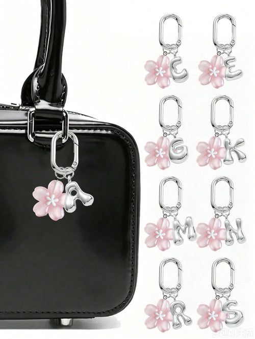 A-Z Silver Letter With Delicate Pink Cherry Blossom Decor Pendant, Fashionable Women's Keychain, Car Key Decoration, Can Be Hung On Keys, Shoulder Bags, Handbags, Wallets, Suitable For School, Office