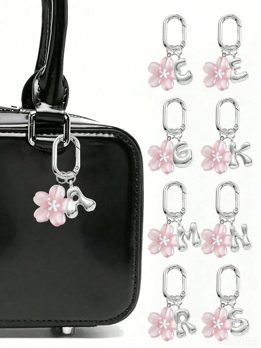 A-Z Silver Letter With Delicate Pink Cherry Blossom Decor Pendant, Fashionable Women's Keychain, Car Key Decoration, Can Be Hung On Keys, Shoulder Bags, Handbags, Wallets, Suitable For School, Office