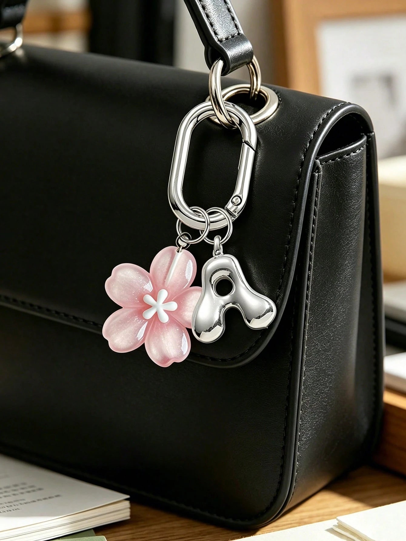 A-Z Silver Letter With Delicate Pink Cherry Blossom Decor Pendant, Fashionable Women's Keychain, Car Key Decoration, Can Be Hung On Keys, Shoulder Bags, Handbags, Wallets, Suitable For School, Office