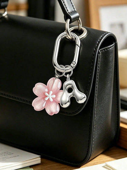 A-Z Silver Letter With Delicate Pink Cherry Blossom Decor Pendant, Fashionable Women's Keychain, Car Key Decoration, Can Be Hung On Keys, Shoulder Bags, Handbags, Wallets, Suitable For School, Office