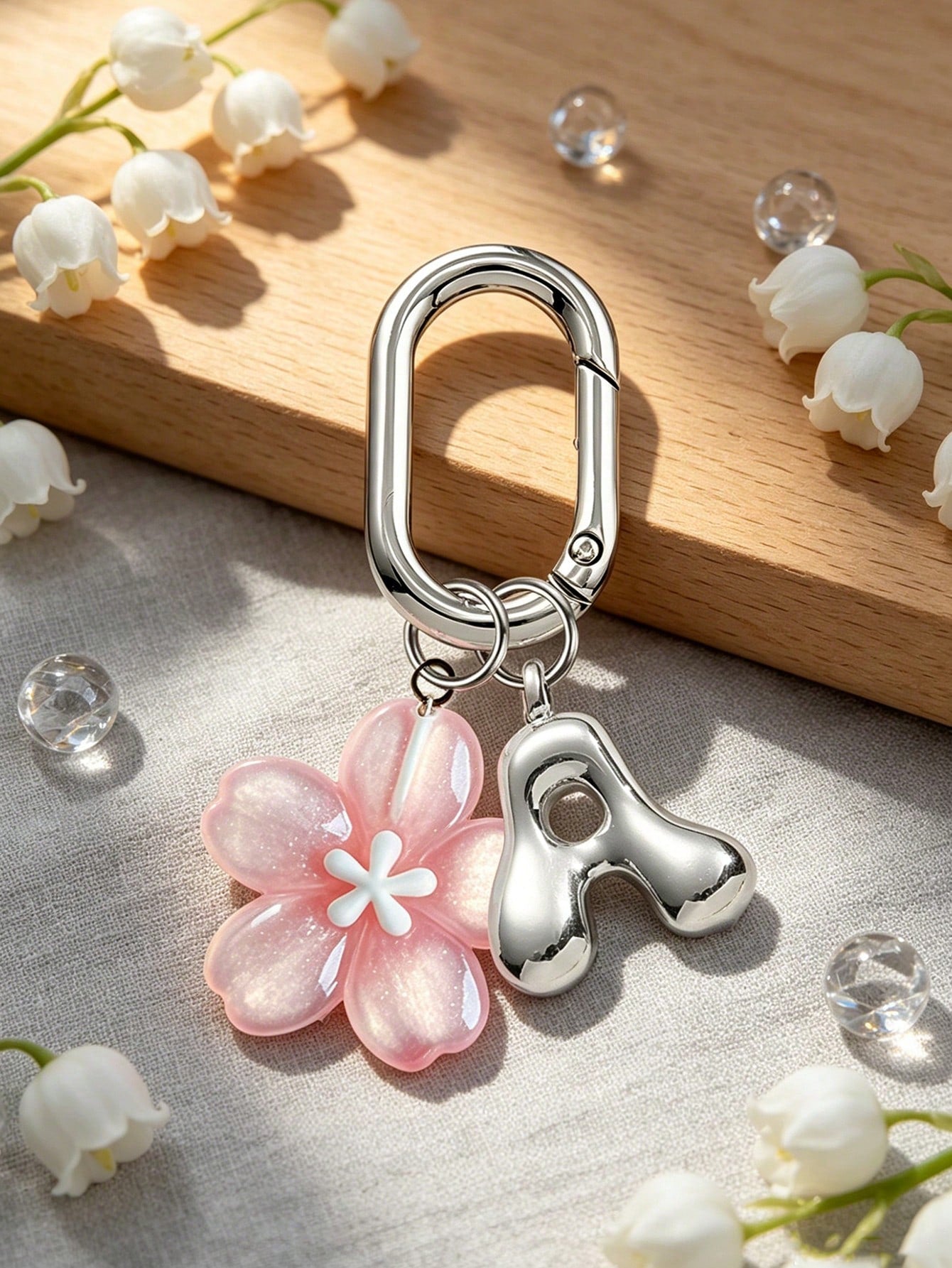 A-Z Silver Letter With Delicate Pink Cherry Blossom Decor Pendant, Fashionable Women's Keychain, Car Key Decoration, Can Be Hung On Keys, Shoulder Bags, Handbags, Wallets, Suitable For School, Office