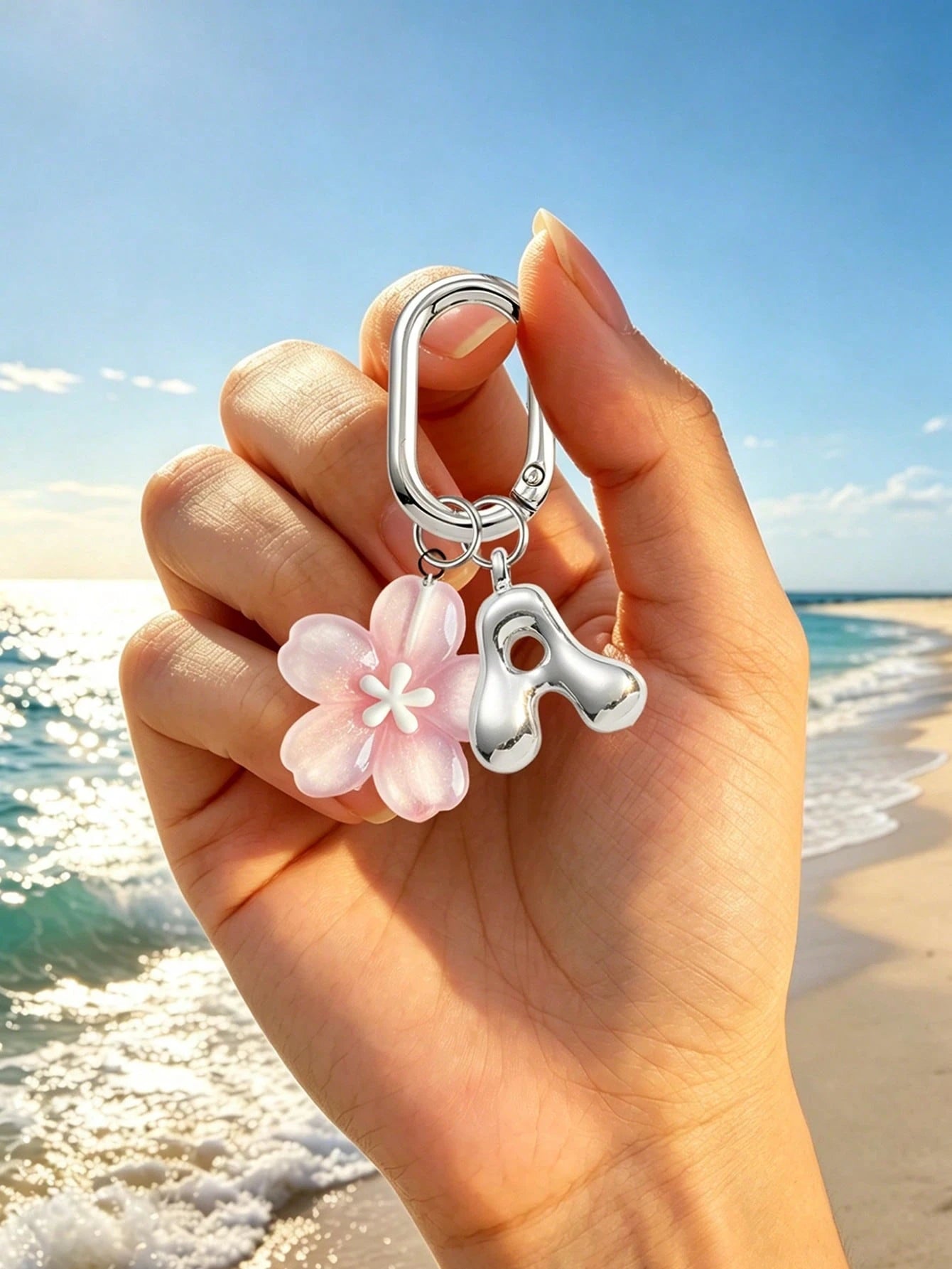 A-Z Silver Letter With Delicate Pink Cherry Blossom Decor Pendant, Fashionable Women's Keychain, Car Key Decoration, Can Be Hung On Keys, Shoulder Bags, Handbags, Wallets, Suitable For School, Office