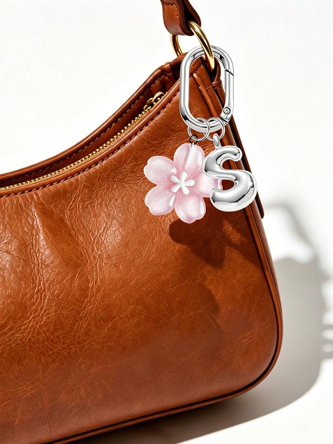 A-Z Silver Letter With Delicate Pink Cherry Blossom Decor Pendant, Fashionable Women's Keychain, Car Key Decoration, Can Be Hung On Keys, Shoulder Bags, Handbags, Wallets, Suitable For School, Office