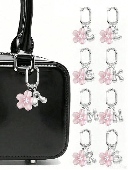 A-Z Silver Letter With Delicate Pink Cherry Blossom Decor Pendant, Fashionable Women's Keychain, Car Key Decoration, Can Be Hung On Keys, Shoulder Bags, Handbags, Wallets, Suitable For School, Office