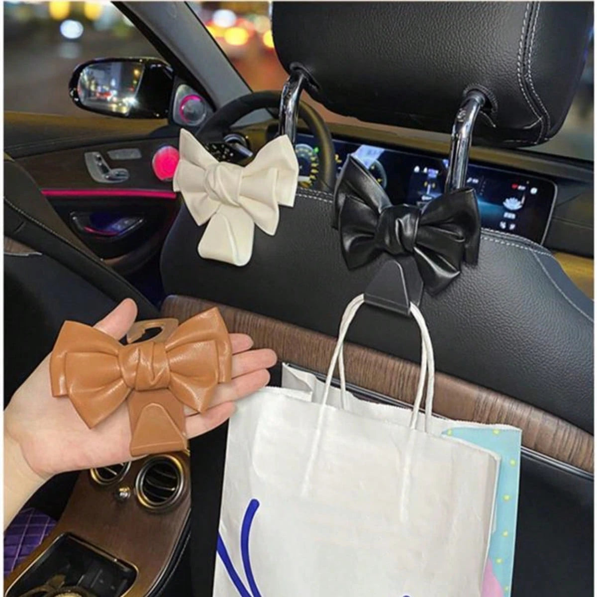 AD High-End Leather Bowknot Car Seat Back Hook, Multifunctional Vehicle Interior Storage Small Hanger