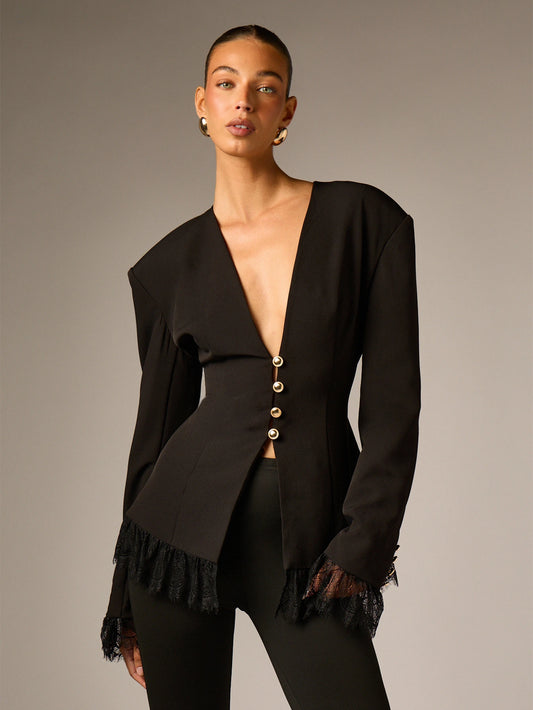 AiiRZ Deep V-Neck Fitted Blazer With Lace Trim Hem And Cuffs Gold Button Closure Structured Shoulders Evening Party Holiday Jacket