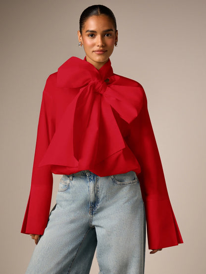 AiiRZ Elegant Oversized Bow Detail Blouse With Long Bell Sleeves High Neck And Bubble Hem For Office And Special Occasions