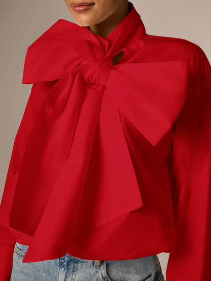 AiiRZ Elegant Oversized Bow Detail Blouse With Long Bell Sleeves High Neck And Bubble Hem For Office And Special Occasions