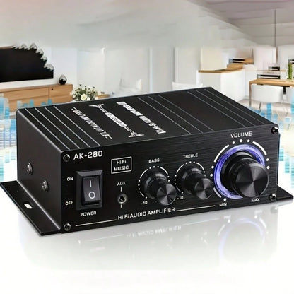 AK280 1 X 600W Dual-Channel Mini-Amplifier, HiFi Stereo Compact Audio Amplifier, 2.0 Channels, RCA/AUX Input, Bass And Treble Control, Suitable For Audio Amplifier Of Home, Computer And Car Music Play