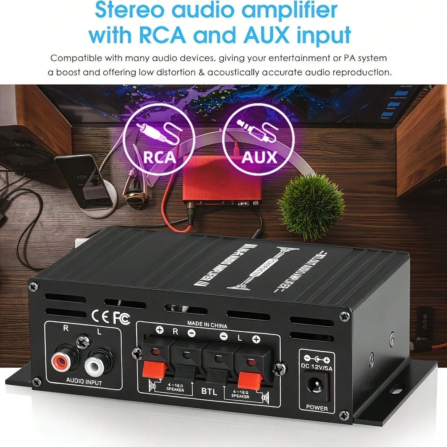 AK280 1 X 600W Dual-Channel Mini-Amplifier, HiFi Stereo Compact Audio Amplifier, 2.0 Channels, RCA/AUX Input, Bass And Treble Control, Suitable For Audio Amplifier Of Home, Computer And Car Music Play