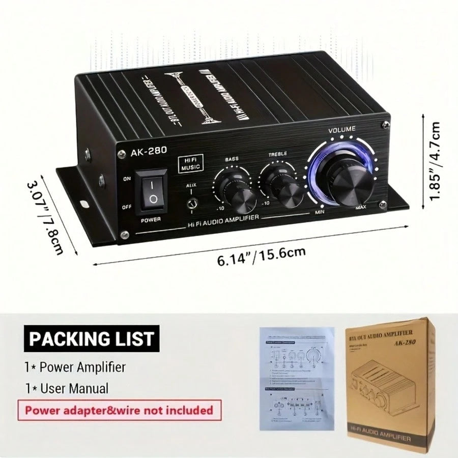 AK280 1 X 600W Dual-Channel Mini-Amplifier, HiFi Stereo Compact Audio Amplifier, 2.0 Channels, RCA/AUX Input, Bass And Treble Control, Suitable For Audio Amplifier Of Home, Computer And Car Music Play