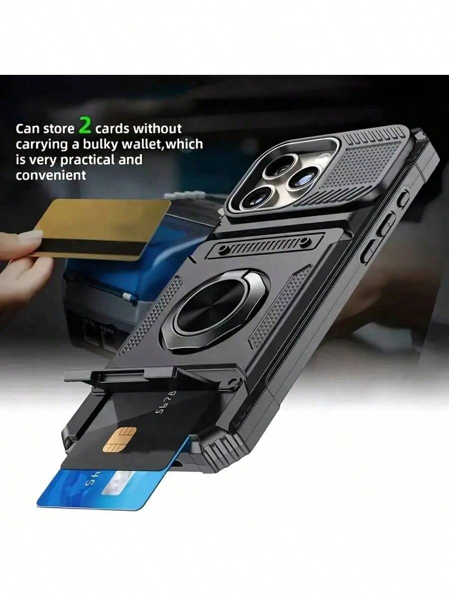 Alloy Military Grade Shockproof Cardholder Phone Cases Heavy Duty Hard Protective Phone Case With Metal Stand & Card Slot Sliding Lens Protection Compatible With IPhone 16 Pro Max, 15 Pro Max, 14 Pro