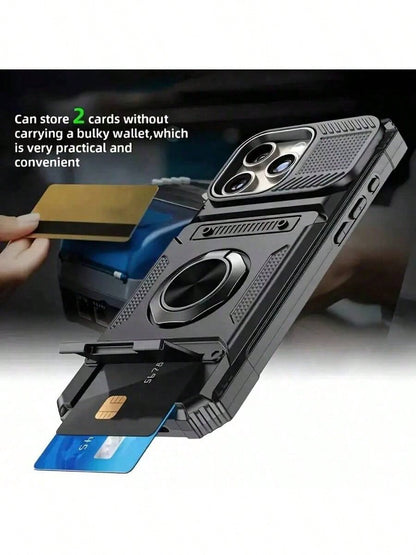 Alloy Military Grade Shockproof Cardholder Phone Cases Heavy Duty Hard Protective Phone Case With Metal Stand & Card Slot Sliding Lens Protection Compatible With IPhone 16 Pro Max, 15 Pro Max, 14 Pro