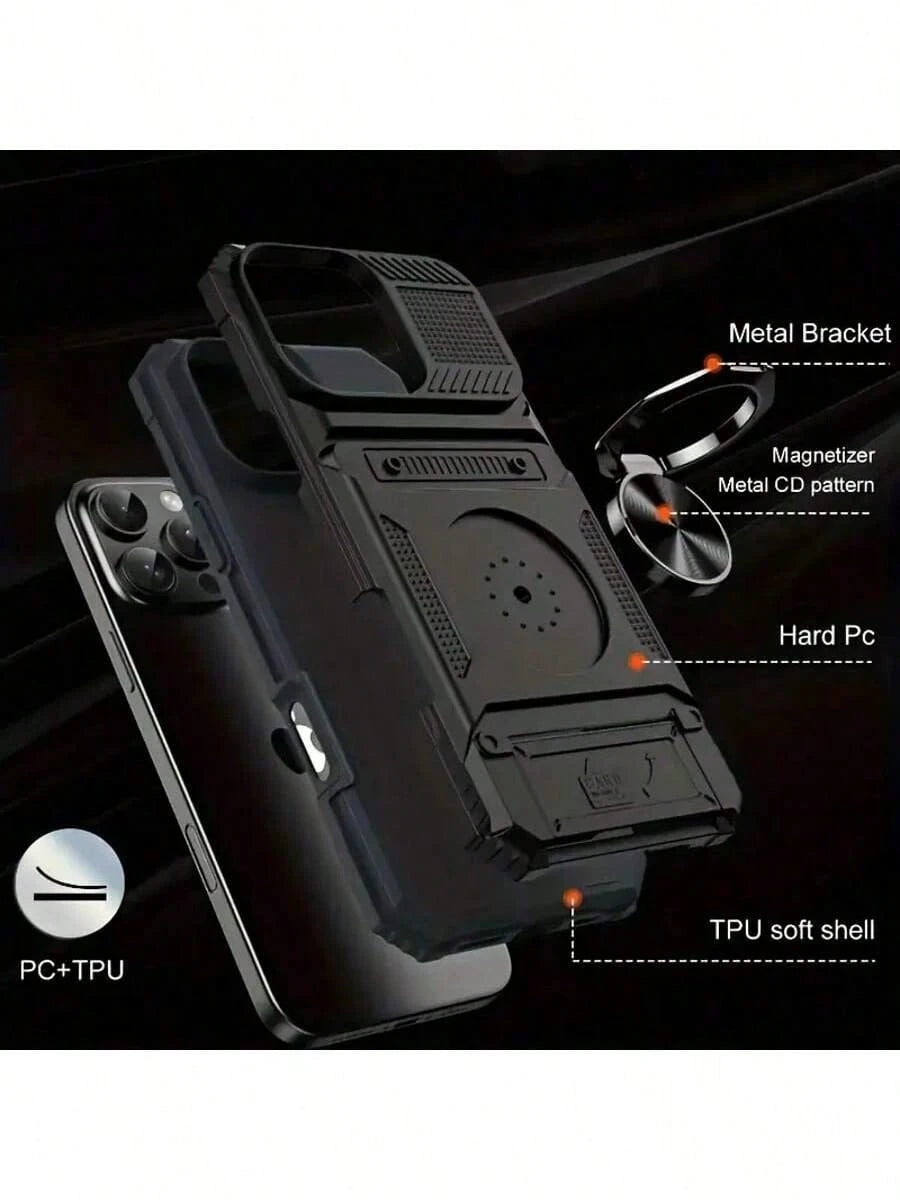 Alloy Military Grade Shockproof Cardholder Phone Cases Heavy Duty Hard Protective Phone Case With Metal Stand & Card Slot Sliding Lens Protection Compatible With IPhone 16 Pro Max, 15 Pro Max, 14 Pro