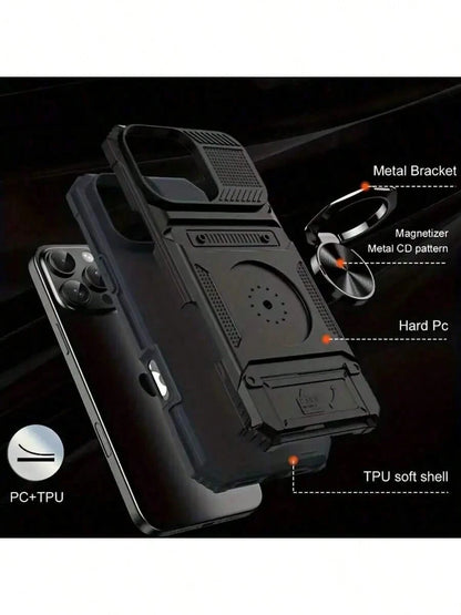 Alloy Military Grade Shockproof Cardholder Phone Cases Heavy Duty Hard Protective Phone Case With Metal Stand & Card Slot Sliding Lens Protection Compatible With IPhone 16 Pro Max, 15 Pro Max, 14 Pro