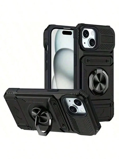 Alloy Military Grade Shockproof Cardholder Phone Cases Heavy Duty Hard Protective Phone Case With Metal Stand & Card Slot Sliding Lens Protection Compatible With IPhone 16 Pro Max, 15 Pro Max, 14 Pro