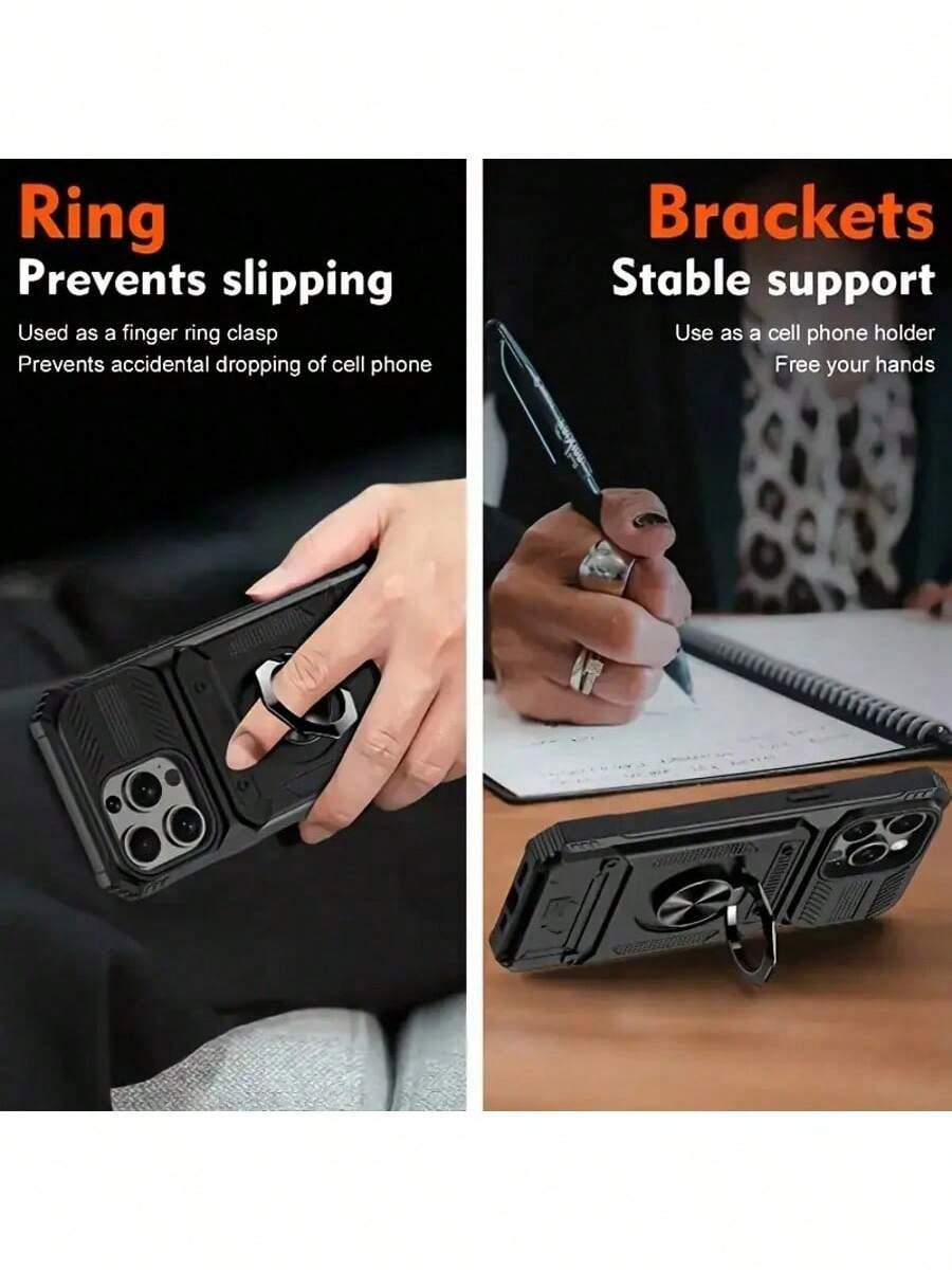 Alloy Military Grade Shockproof Cardholder Phone Cases Heavy Duty Hard Protective Phone Case With Metal Stand & Card Slot Sliding Lens Protection Compatible With IPhone 16 Pro Max, 15 Pro Max, 14 Pro