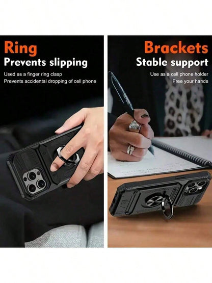 Alloy Military Grade Shockproof Cardholder Phone Cases Heavy Duty Hard Protective Phone Case With Metal Stand & Card Slot Sliding Lens Protection Compatible With IPhone 16 Pro Max, 15 Pro Max, 14 Pro