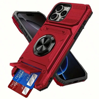 Alloy Military Grade Shockproof Cardholder Phone Cases Heavy Duty Hard Protective Phone Case With Metal Stand & Card Slot Sliding Lens Protection Compatible With IPhone 16 Pro Max, 15 Pro Max, 14 Pro