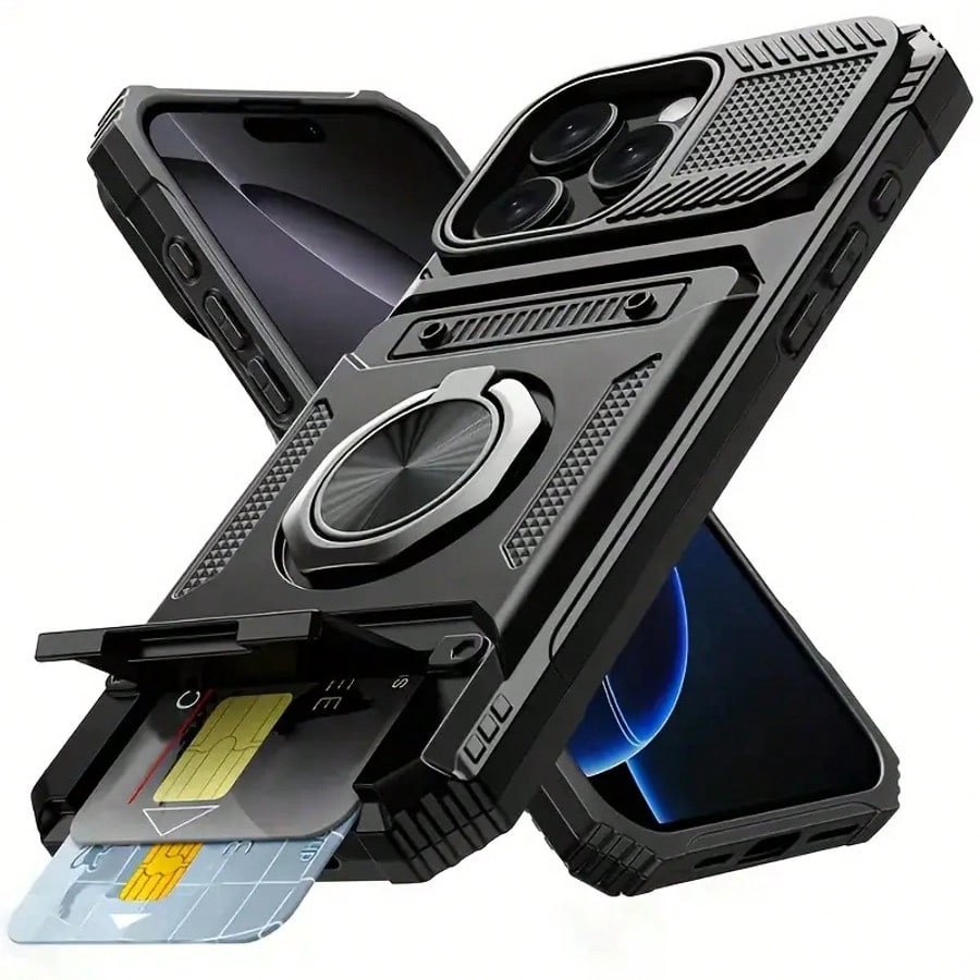 Alloy Military Grade Shockproof Cardholder Phone Cases Heavy Duty Hard Protective Phone Case With Metal Stand & Card Slot Sliding Lens Protection Compatible With IPhone 16 Pro Max, 15 Pro Max, 14 Pro