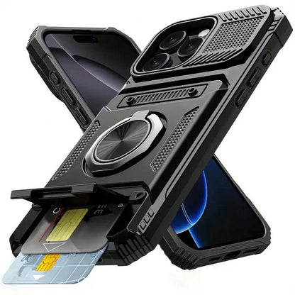 Alloy Military Grade Shockproof Cardholder Phone Cases Heavy Duty Hard Protective Phone Case With Metal Stand & Card Slot Sliding Lens Protection Compatible With IPhone 16 Pro Max, 15 Pro Max, 14 Pro