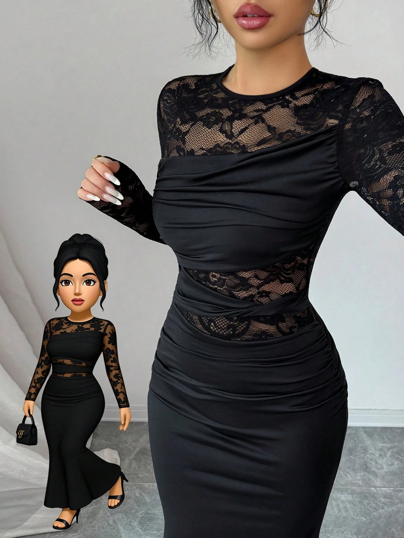 Allurite Elegant Black Fall Winter Dress Women,Ruched Lace Splice Milk Silk Stretchy Round Neck Long Sleeve Bodycon Party Night Wedding Guest Dress