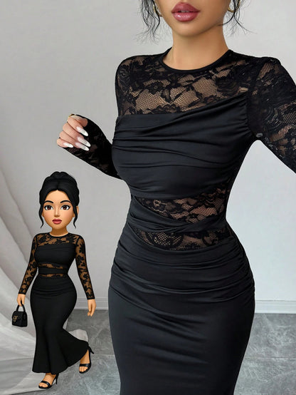 Allurite Elegant Black Fall Winter Dress Women,Ruched Lace Splice Milk Silk Stretchy Round Neck Long Sleeve Bodycon Party Night Wedding Guest Dress