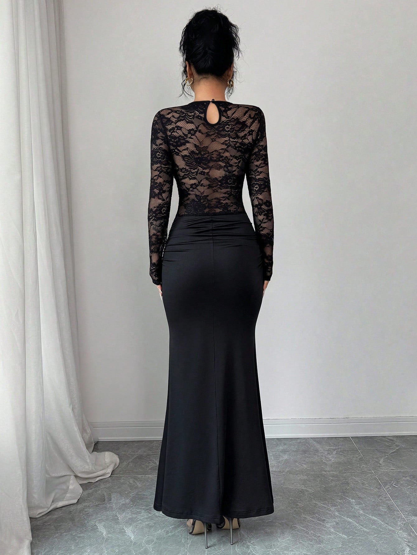 Allurite Elegant Black Fall Winter Dress Women,Ruched Lace Splice Milk Silk Stretchy Round Neck Long Sleeve Bodycon Party Night Wedding Guest Dress
